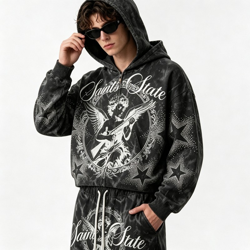 Snow Washed Rhinestone DTG Print Hoodie Set