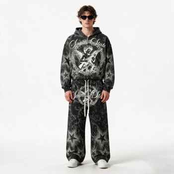 Snow Washed Rhinestone DTG Print Hoodie Set | Cotton Blend Fabric | Daily Street Outfit | Custom Streetwear