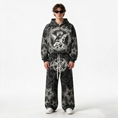 Snow Washed Rhinestone DTG Print Hoodie Set | Cotton Blend Fabric | Daily Street Outfit | Custom Streetwear