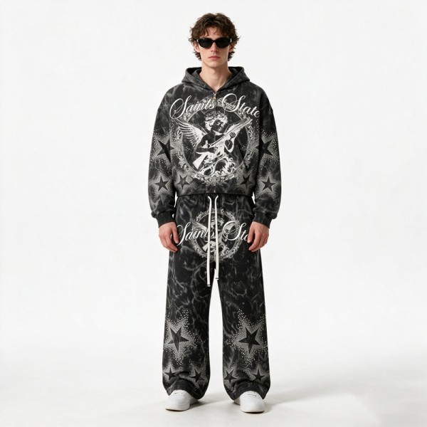 Snow Washed Rhinestone DTG Print Hoodie Set | Cotton Blend Fabric | Daily Street Outfit | Custom Streetwear