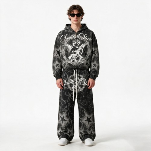 Snow Washed Rhinestone DTG Print Hoodie Set | Cotton Blend Fabric | Daily Street Outfit | Custom Streetwear
