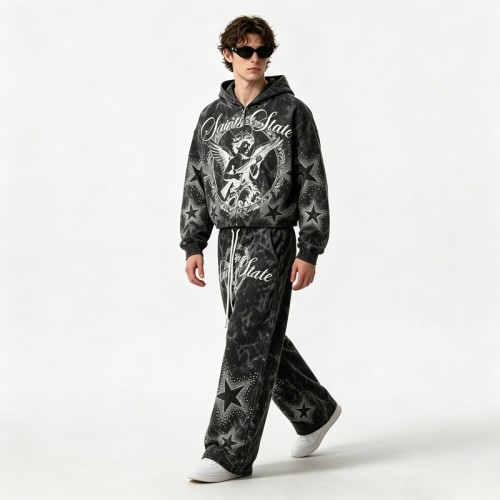 Snow Washed Rhinestone DTG Print Hoodie Set | Cotton Blend Fabric | Daily Street Outfit | Custom Streetwear