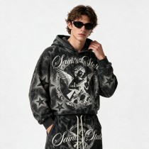 Snow Washed Rhinestone DTG Print Hoodie Set | Cotton Blend Fabric | Daily Street Outfit | Custom Streetwear