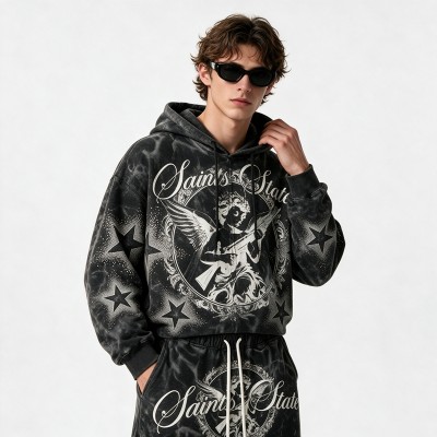 Snow Washed Rhinestone DTG Print Hoodie Set | Cotton Blend Fabric | Daily Street Outfit | Custom Streetwear