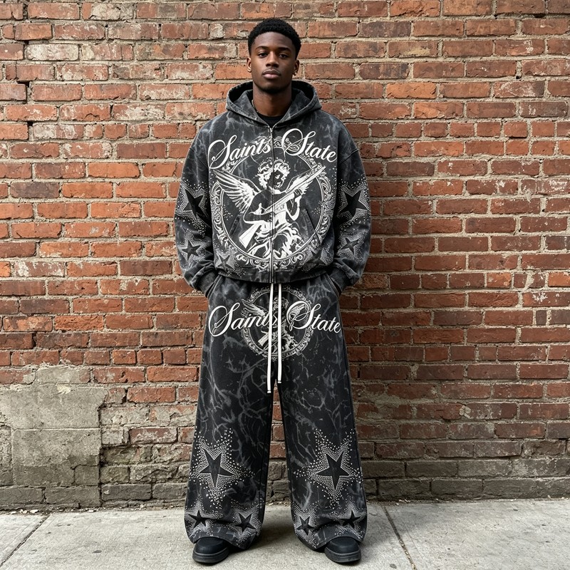 Snow Washed Rhinestone DTG Print Hoodie Set