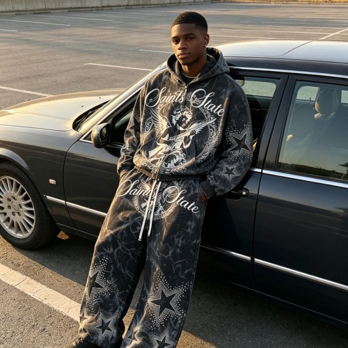 Snow Washed Rhinestone DTG Print Hoodie Set | Cotton Blend Fabric | Daily Street Outfit | Custom Streetwear