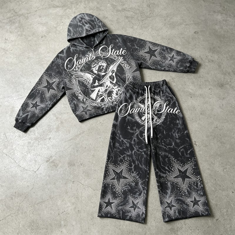 Snow Washed Rhinestone DTG Print Hoodie Set
