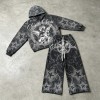 Snow Washed Rhinestone DTG Print Hoodie Set | Cotton Blend Fabric | Daily Street Outfit | Custom Streetwear