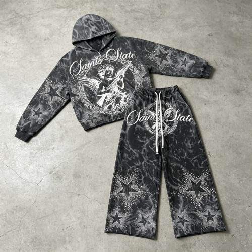 Snow Washed Rhinestone DTG Print Hoodie Set | Cotton Blend Fabric | Daily Street Outfit | Custom Streetwear