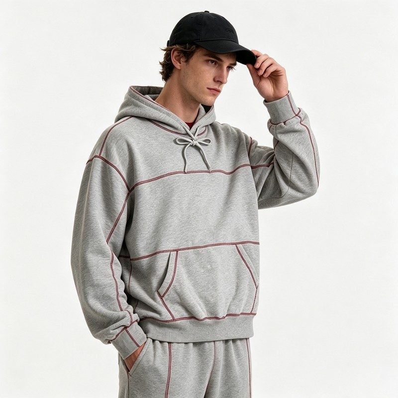 Contrast Stitch Seam Hoodie Set
