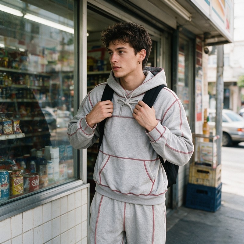Contrast Stitch Seam Hoodie Set