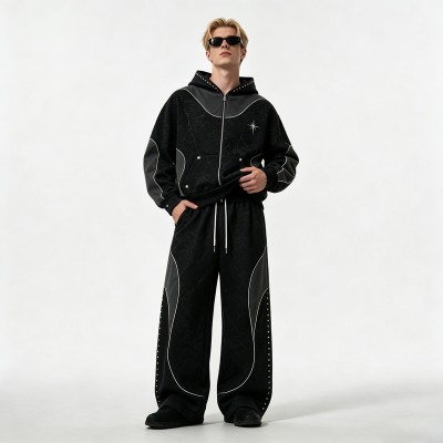 Washed Rivet Hoodie Tracksuit | Crack DTG Print | Cotton Blend Fabric | OEM Streetwear