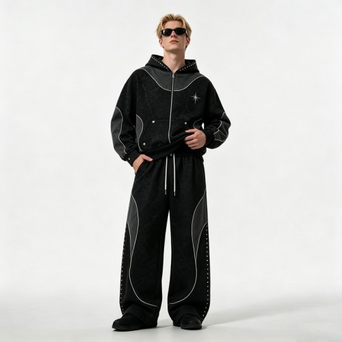 Washed Rivet Hoodie Tracksuit | Crack DTG Print | Cotton Blend Fabric | OEM Streetwear