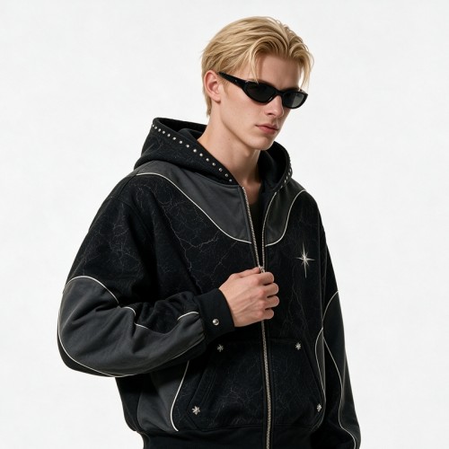 Washed Rivet Hoodie Tracksuit | Crack DTG Print | Cotton Blend Fabric | OEM Streetwear