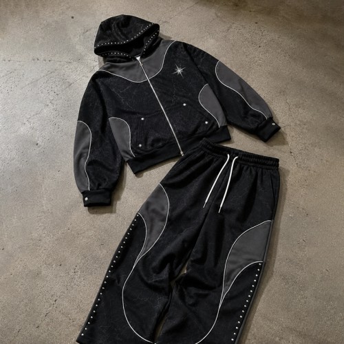 Washed Rivet Hoodie Tracksuit | Crack DTG Print | Cotton Blend Fabric | OEM Streetwear