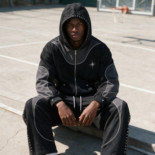 Washed Rivet Hoodie Tracksuit | Crack DTG Print | Cotton Blend Fabric | OEM Streetwear
