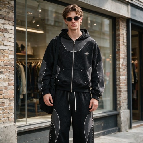 Washed Rivet Hoodie Tracksuit | Crack DTG Print | Cotton Blend Fabric | OEM Streetwear