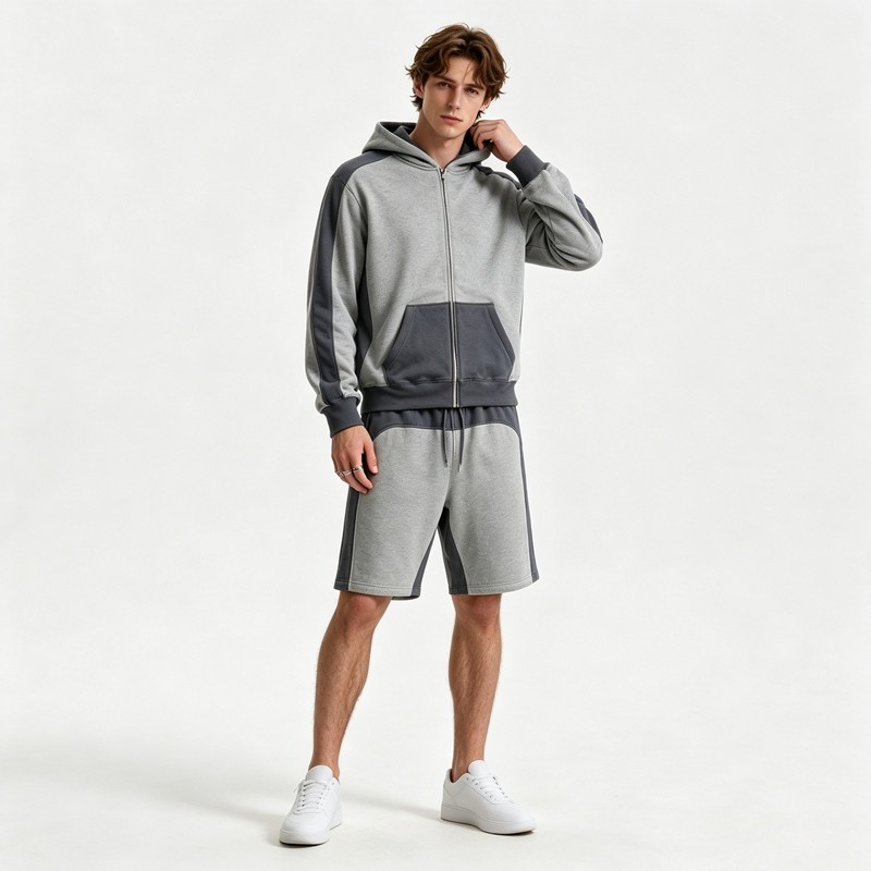 Color Block Splicing Zip Hoodie Short Set