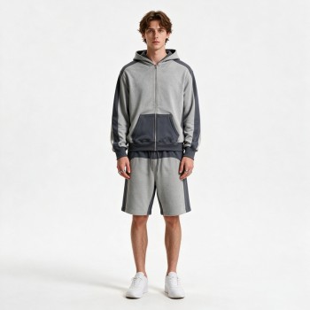 Color Block Splicing Zip Hoodie Short Set | Cotton Blend Relax Regular Fit | Summer Casual Streetwear | Clothing Manufacturer