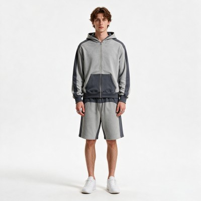Color Block Splicing Zip Hoodie Short Set | Cotton Blend Relax Regular Fit | Summer Casual Streetwear | Clothing Manufacturer