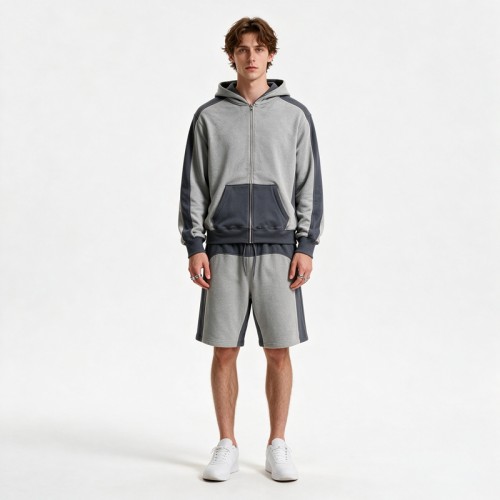 Color Block Splicing Zip Hoodie Short Set | Cotton Blend Relax Regular Fit | Summer Casual Streetwear | Clothing Manufacturer