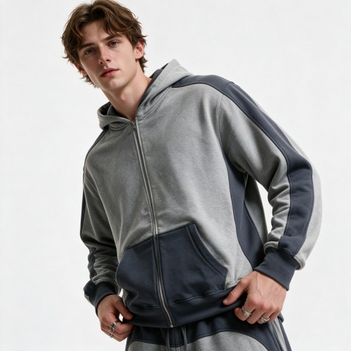Color Block Splicing Zip Hoodie Short Set | Cotton Blend Relax Regular Fit | Summer Casual Streetwear | Clothing Manufacturer