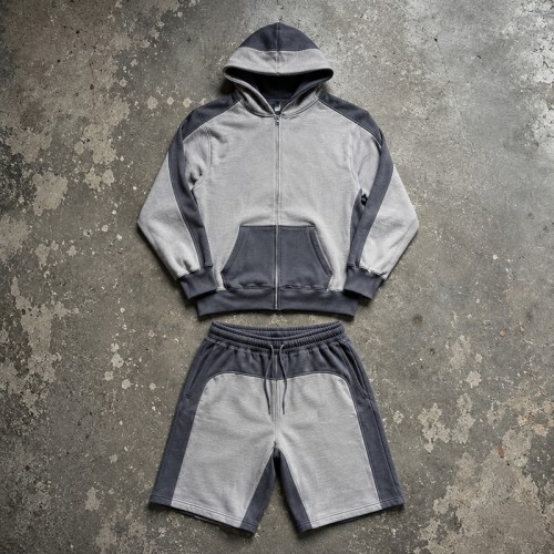 Color Block Splicing Zip Hoodie Short Set | Cotton Blend Relax Regular Fit | Summer Casual Streetwear | Clothing Manufacturer