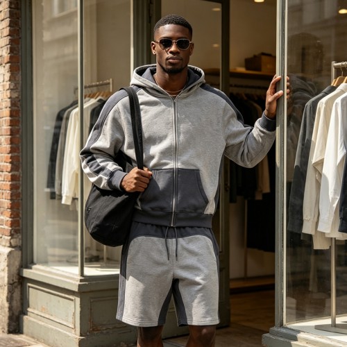 Color Block Splicing Zip Hoodie Short Set | Cotton Blend Relax Regular Fit | Summer Casual Streetwear | Clothing Manufacturer