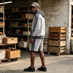 Color Block Splicing Zip Hoodie Short Set | Cotton Blend Relax Regular Fit | Summer Casual Streetwear | Clothing Manufacturer