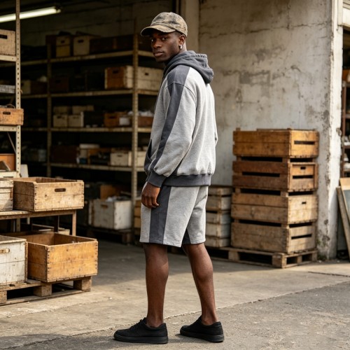 Color Block Splicing Zip Hoodie Short Set | Cotton Blend Relax Regular Fit | Summer Casual Streetwear | Clothing Manufacturer