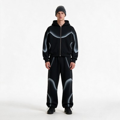 Spray Dye Curved Hoodie Set | Gradient Fog Effect | Soft Cotton Blend Fabric | OEM Streetwear