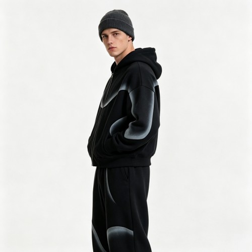 Spray Dye Curved Hoodie Set | Gradient Fog Effect | Soft Cotton Blend Fabric | OEM Streetwear