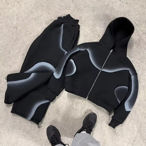 Spray Dye Curved Hoodie Set | Gradient Fog Effect | Soft Cotton Blend Fabric | OEM Streetwear