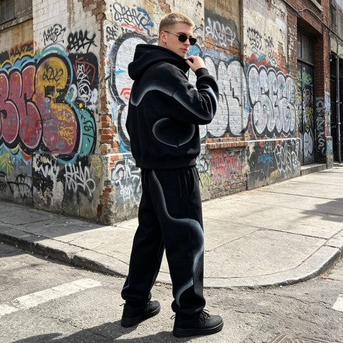 Spray Dye Curved Hoodie Set | Gradient Fog Effect | Soft Cotton Blend Fabric | OEM Streetwear