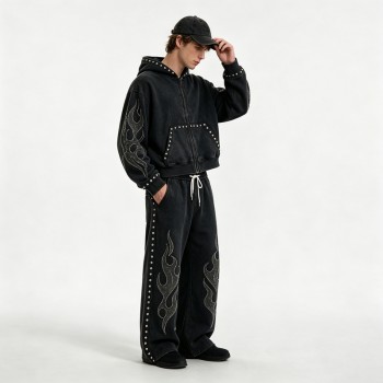 Washed Rivet Flame Graphic Rhinestone Hoodie Set | Hip Hop Street Daily Wear | Custom Streetwear