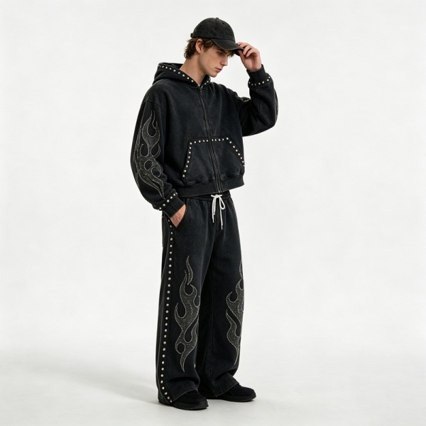 Washed Rivet Flame Graphic Rhinestone Hoodie Set | Hip Hop Street Daily Wear | Custom Streetwear