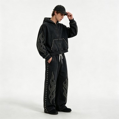 Washed Rivet Flame Graphic Rhinestone Hoodie Set | Hip Hop Street Daily Wear | Custom Streetwear