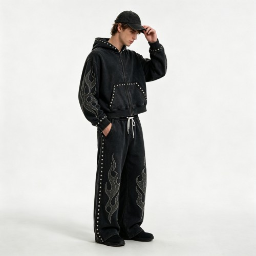 Washed Rivet Flame Graphic Rhinestone Hoodie Set | Hip Hop Street Daily Wear | Custom Streetwear