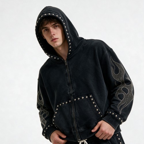 Washed Rivet Flame Graphic Rhinestone Hoodie Set | Hip Hop Street Daily Wear | Custom Streetwear