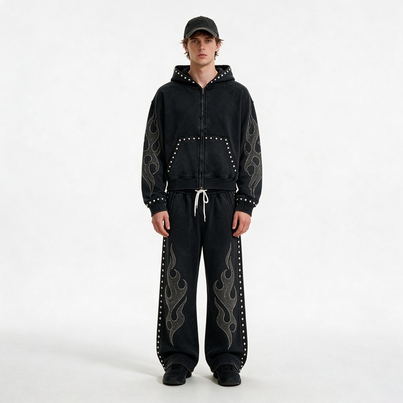 Washed Rivet Flame Graphic Rhinestone Hoodie Set