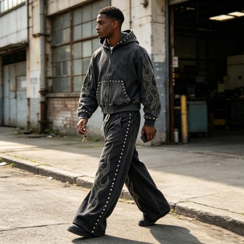 Washed Rivet Flame Graphic Rhinestone Hoodie Set | Hip Hop Street Daily Wear | Custom Streetwear