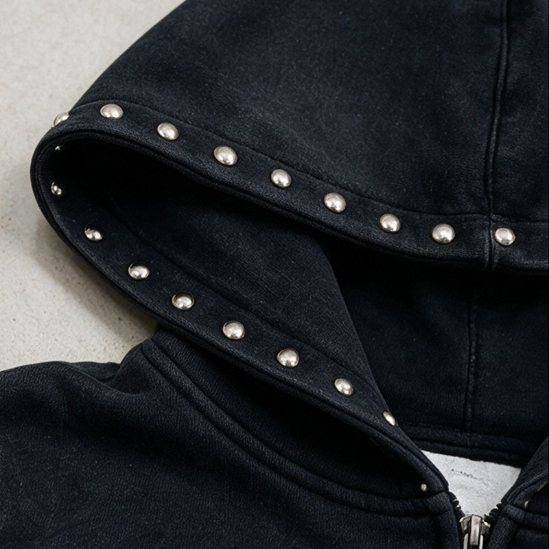 Washed Rivet Flame Graphic Rhinestone Hoodie Set