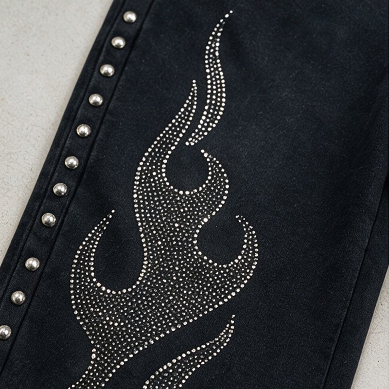 Washed Rivet Flame Graphic Rhinestone Hoodie Set