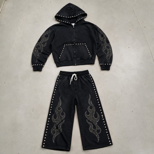 Washed Rivet Flame Graphic Rhinestone Hoodie Set | Hip Hop Street Daily Wear | Custom Streetwear
