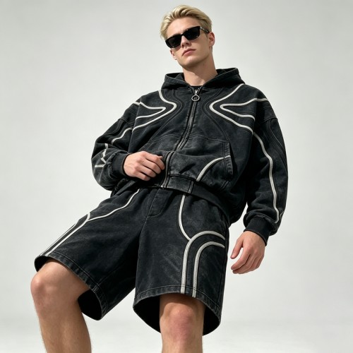 Washed Wavy Stripe Zip Up Hoodie Short Set | 100% cotton fabric | Street daily skate casual wear | OEM Streetwear