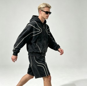 Washed Wavy Stripe Zip Up Hoodie Short Set | 100% cotton fabric | Street daily skate casual wear | OEM Streetwear