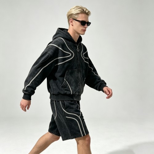 Washed Wavy Stripe Zip Up Hoodie Short Set | 100% cotton fabric | Street daily skate casual wear | OEM Streetwear
