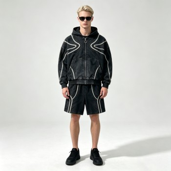 Washed Wavy Stripe Zip Up Hoodie Short Set | 100% cotton fabric | Street daily skate casual wear | OEM Streetwear