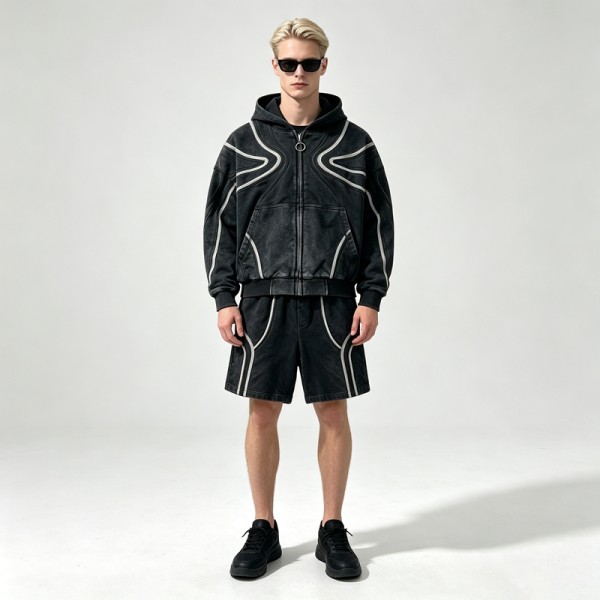 Washed Wavy Stripe Zip Up Hoodie Short Set | 100% cotton fabric | Street daily skate casual wear | OEM Streetwear