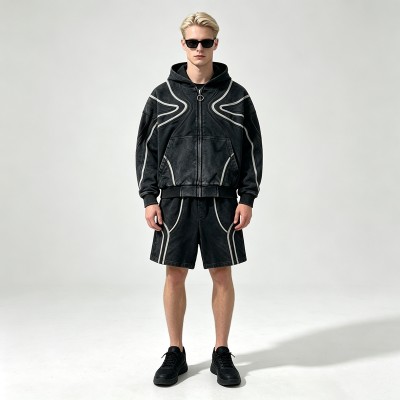 Washed Wavy Stripe Zip Up Hoodie Short Set | 100% cotton fabric | Street daily skate casual wear | OEM Streetwear